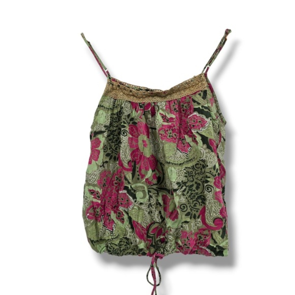 Girl Krazy Womens Medium Green Pink Floral Paisley Crochet Trim Drawstring Cami‎